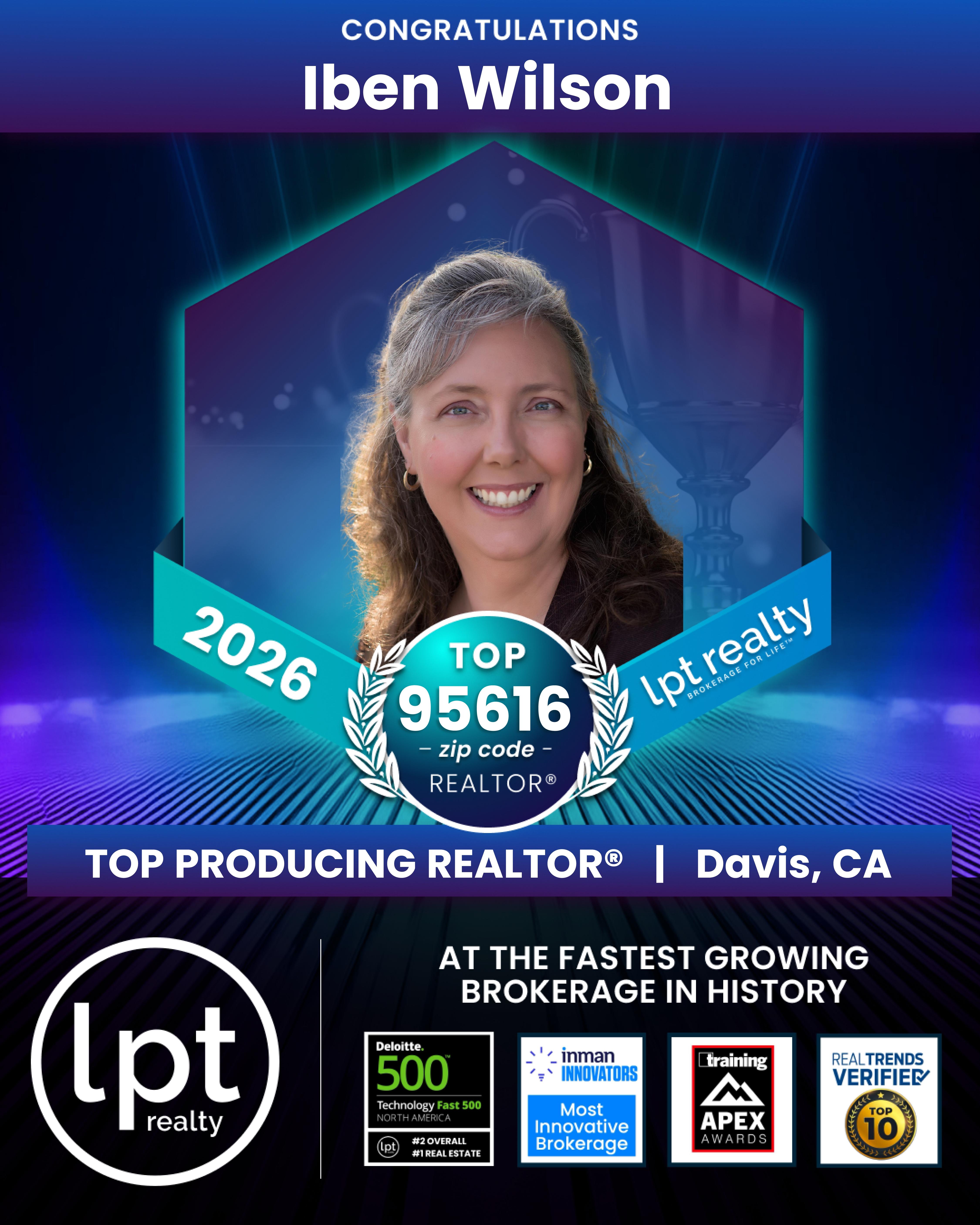 Iben Wilson's 2026 Top 95616 zip code REALTOR® recognition from LPT Realty